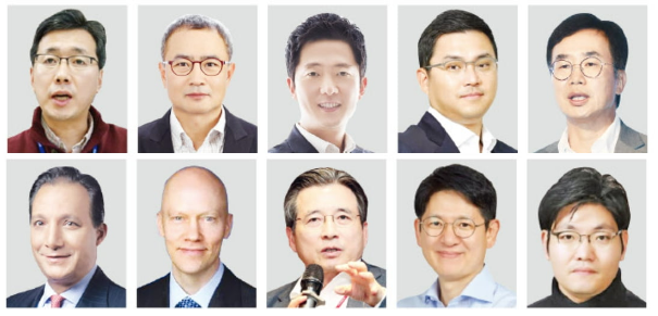 (from top left) Samsung Electronics Vice President Hwang Sang-joon, LG Energy Solution CTO Shin Young-joon, HYBE CSO Lee Jae-sang, Doosan Robotics CEO Ryu Jung-hoon, HLB Chairman Jin Yang-gon
(from low left) Strategas CEO Jason Trennert, Goldman Sachs Chief Asia Pacific Equity Strategist Timothy Moe, Hashed Open Research CEO Kim Yong-beom, KCGI CEO Kang Sung-boo, Seoul National University Professor Kang Ki-suk