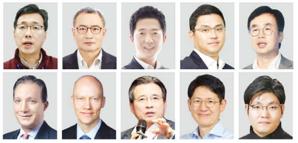 
(from　top　left)　Samsung　Electronics　Vice　President　Hwang　Sang-joon,　LG　Energy　Solution　CTO　Shin　Young-joon,　HYBE　CSO　Lee　Jae-sang,　Doosan　Robotics　CEO　Ryu　Jung-hoon,　HLB　Chairman　Jin　Yang-gon
(from　low　left)　Strategas　CEO　Jason　Trennert,　Goldman　Sachs　Chief　Asia　Pacific　Equity　Strategist　Timothy　Moe,　Hashed　Open　Research　CEO　Kim　Yong-beom,　KCGI　CEO　Kang　Sung-boo,　Seoul　National　University　Professor　Kang　Ki-suk
