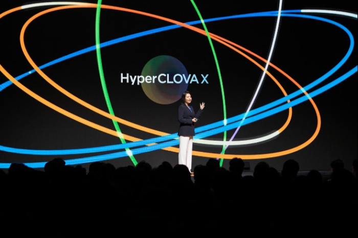 Naver CEO Choi Soo-yeon presents HyperCLOVA X on Aug. 24, 2023 (Courtesy of Naver)