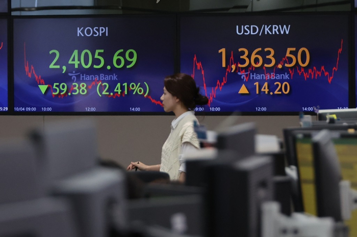 The　trading　floor　of　Hana　Bank　in　Seoul　on　Oct.　4,　2023