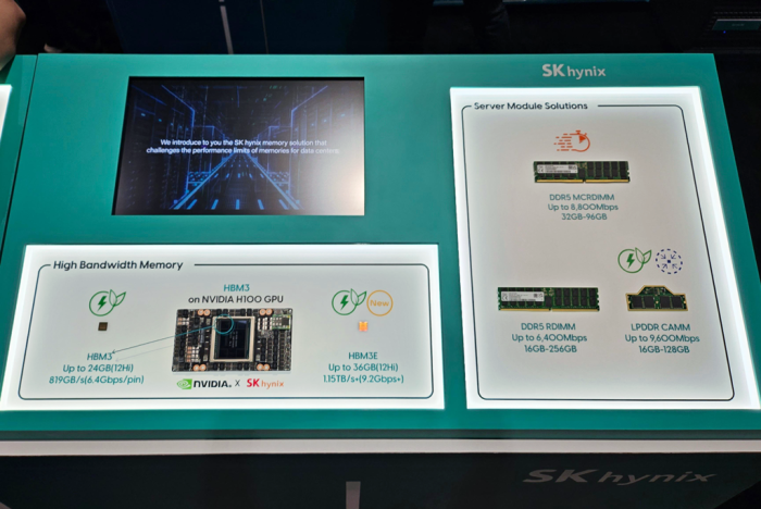 SK Hynix's HBM3, HBM3E, MCR DIMM, DDR5 RDIMM and LPDDR CAMM chips on display at the OCP Global Summit