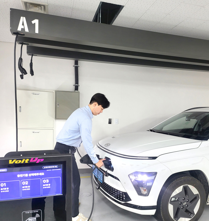 An electric vehicle charged by a ceiling-mounted charger