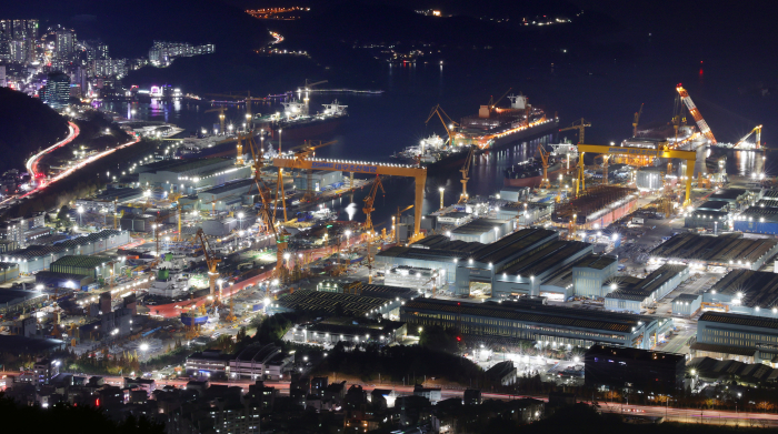 A bird's eye view of the Okpo Shipyard of Hanwha Ocean, formerly Daewoo Shipbuilding & Marine Engineering