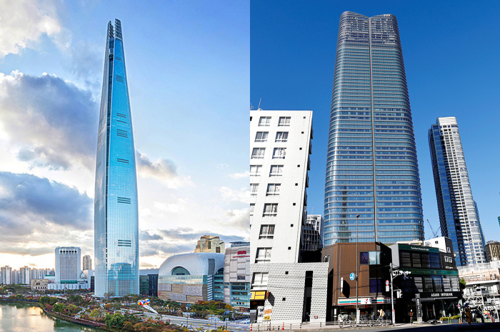 Lotte　World　Tower　(left),　Azabudai　Hills　Tower　(Courtesy　of　Lotte　and　Reuters)