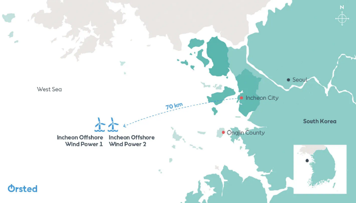 The　Ørsted　Incheon　offshore　wind　projects　are　located　approximately　70　km　off　the　coast　of　Incheon　(Captured　from　Orsted　website)