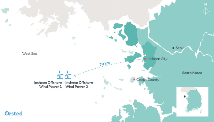 The Ørsted Incheon offshore wind projects are located approximately 70 km off the coast of Incheon (Captured from Orsted website)