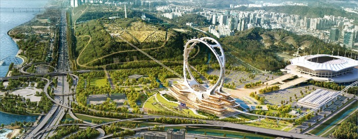 The　spokeless　Ferris　wheel　will　be　built　near　the　Seoul　World　Cup　Stadium　(far　right)　in　Seoul