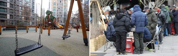 An　empty　playground　and　a　park　crowded　with　senior　citizens　in　Seoul　(File　photo,　Courtesy　of　Yonhap)