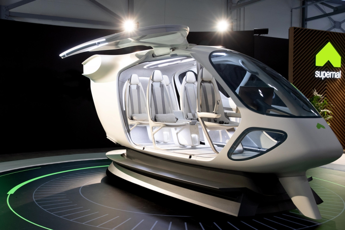 Hyundai affiliate Supernal’s eVTOL vehicle cabin concept on display at the Farnborough International Airshow 2022