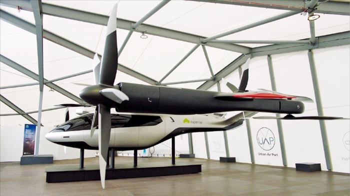 Hyundai Motor's urban air mobility unit Supernal's S-A1 concept air vehicle, eVTOL, on display inside the vertiport, Air-One, in Coventry, UK