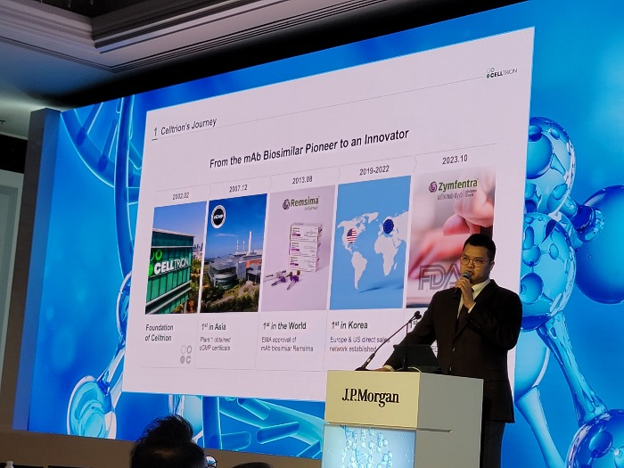 Seo Jin-seok, chief executive of Celltrion Inc., gives a presentation at the J.P. Morgan Health Care Conference in San Francisco on Jan. 10 (Courtesy of Celltrion)