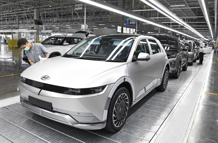 Hyundai IONIQ 5 EVs roll out of a company plant in Indonesia