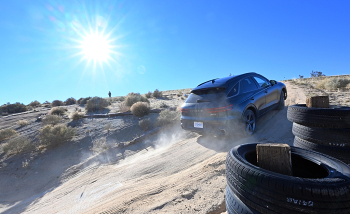 A Genesis Electrified GV70 SUV undergoes a safety test at Hyundai Motor's California Proving Ground in the Mojave Desert