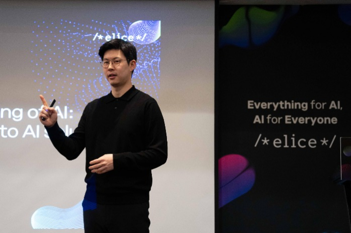 Elice CEO Kim Jae-won speaks at the company's first press conference on Jan. 17, 2024 (Courtesy of Yonhap)