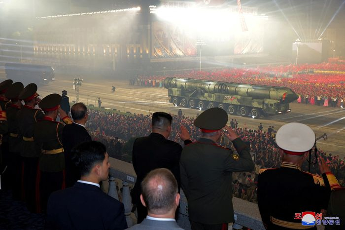 Russian　and　Chinese　officials　joined　North　Korean　leader　Kim　Jong　Un　at　a　military　parade　in　Pyongyang　last　year. PHOTO: KCNA/REUTERS