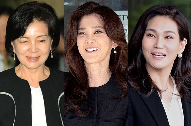 The late Samsung Group Chairman Lee Kun-hee's wife Hong Ra-hee (from left) and two daughters Lee Boo-jin (center) and Lee Seo-hyun