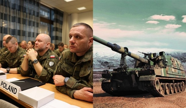 Polish defense officials (left) attend a meeting for buyers of the K9 self-propelled howitzer (right) on Jan. 23, 2024, in Helsinki (Courtesy of Hanwha Aerospace)