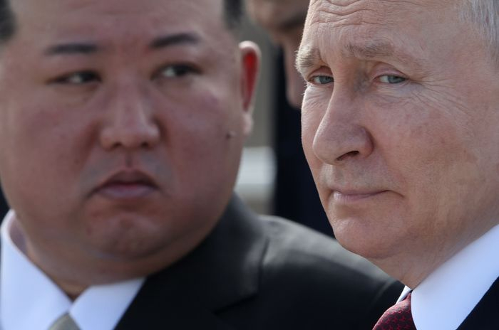 Kim　with　President　Vladimir　Putin　in　Russia　in　September　2023.　PHOTO:　GETTY　IMAGES