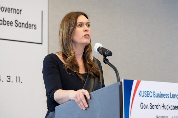 Sarah Elizabeth Huckabee Sanders, Arkansas governor, speaks at the KUSEC business meeting in Seoul on March 8, 2024