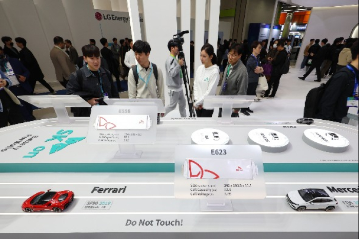 SK On batteries and miniature cars on display at SK On's booth at 2024 InterBattery