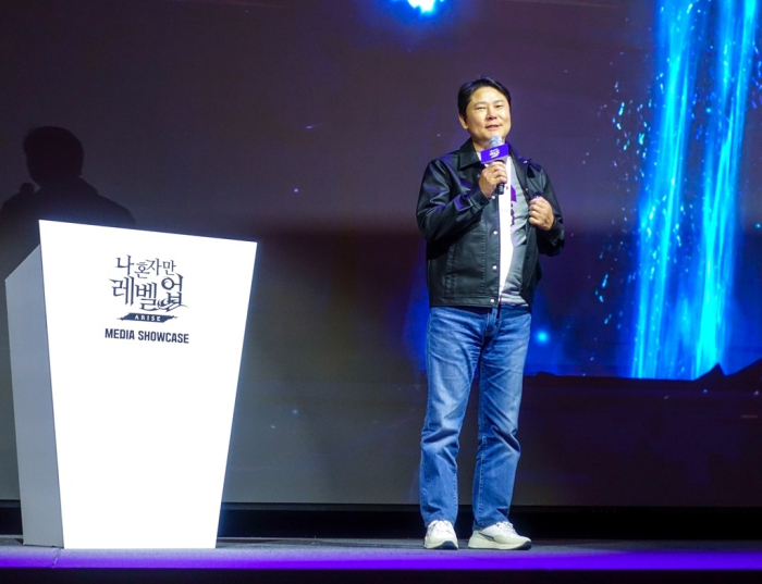 Netmarble　CEO　Kwon　Young-sik　speaks　to　the　press　at　the　March　19,　2024　showcase　for　“Solo　Leveling:　Arise\