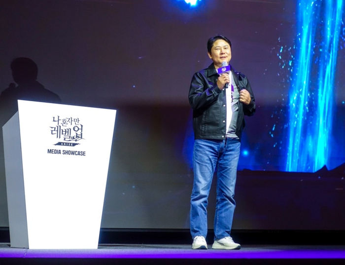 Netmarble CEO Kwon Young-sik speaks to the press at the March 19, 2024 showcase for “Solo Leveling: Arise\