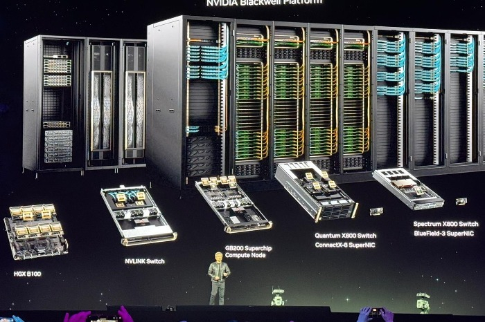 Nvidia CEO Jensen Huang introduces the company's new AI chip, code-named Blackwell, at Nvidia GTC in San Jose, Calif., on March 18, 2024 (Courtesy of Yonhap)
