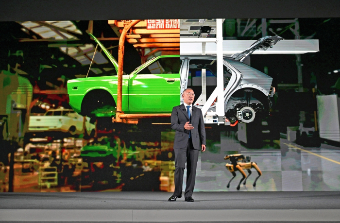 Hyundai Motor Chairman Chung Euisun speaks at the ground-breaking ceremony for the carmaker's dedicated EV plant in Ulsan in November 2023