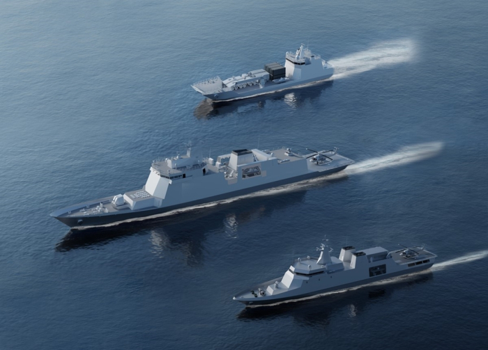 A 1,500-ton landing ship (from the top), a 3,400-ton frigate and a 2,200-ton deepwater guard ship to be built by HD Hyundai Heavy