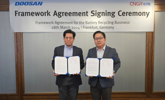 Doosan　Recycle　Solutions　CEO　Choi　Jaehyuk　(left)　and　CNGR　Global　Recycling　CEO　James　Baek　take　a　picture　after　signing　a　framework　agreement　for　the　battery　recycling　business　on　March　28,　2024,　in　Frankfurt　(Courtesy　of　Doosan　Enerbility)
