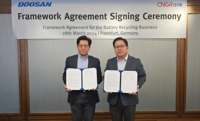 Doosan Recycle Solutions CEO Choi Jaehyuk (left) and CNGR Global Recycling CEO James Baek take a picture after signing a framework agreement for the battery recycling business on March 28, 2024, in Frankfurt (Courtesy of Doosan Enerbility)
