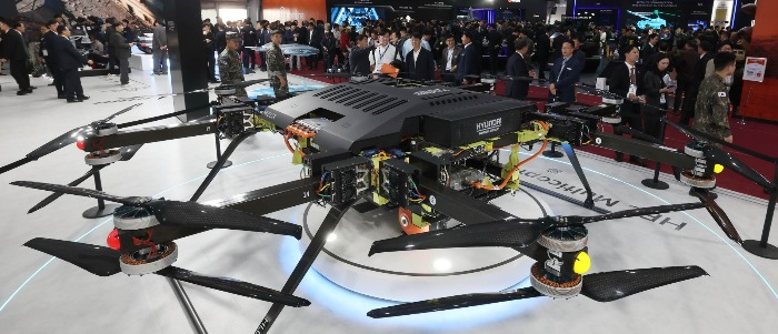 Hydrogen fuel cell-powered military drone concept developed by Hyundai Motor Group, displayed at ADEX 2023