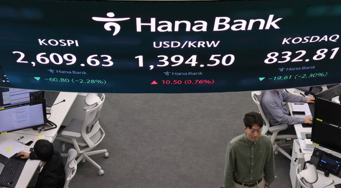 Hana Bank’s trading floor in Seoul on April 16, 2024. The South Korean won currency won lost as much as 1.1% to 1,400 per dollar, the weakest since Nov. 7, 2022 (By Lim Dae-chul)