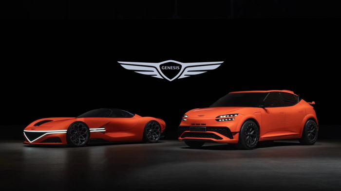The Genesis X Gran Berlinetta Concept (left) and the GV60 Magma Concept at the Beijing Auto Show (Courtesy of Genesis)