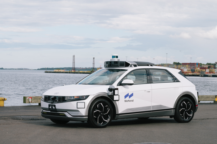 Motional's IONIQ 5 robotaxi parked at Boston Harbor (Courtesy of Motional)