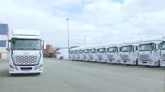 A fleet of Class 8 Xcient Fuel Cells (Courtesy of Hyundai Motor)
