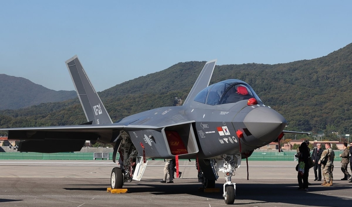 A KF-21 fighter jet is on display at ADEX Seoul 2023 held in October 2023