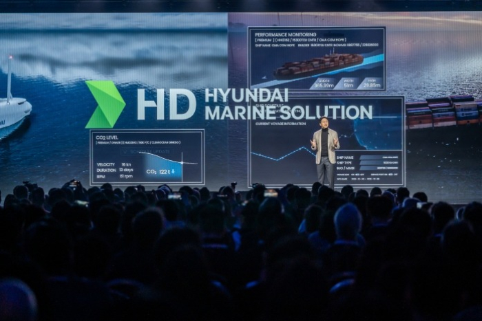 HD Hyundai's Vice Chairman Chung Kisun speaks about HD Hyundai Marine Solution's data business at CES in January 2024 (Courtesy of HD Hyundai)