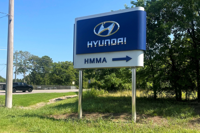 A sign shows directions to the Hyundai Motor Manufacturing Alabama (HMMA) automobile plant in Montgomery, Alabama (Courtesy of Reuters)