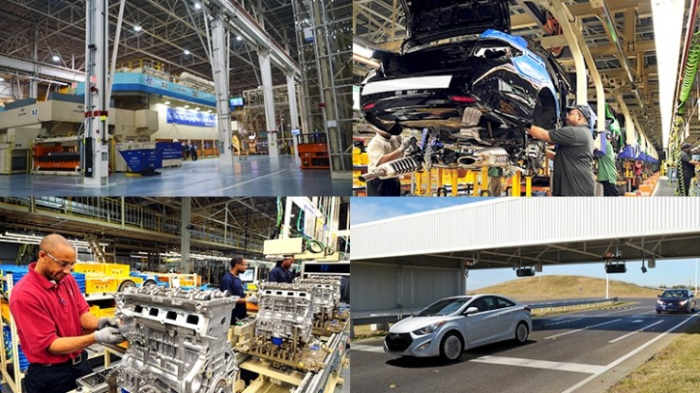 Workers at a car assembly line at Hyundai Motor Manufacturing Alabama