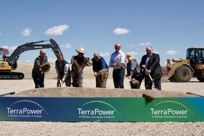 TerraPower　leaders　and　officials　celebrate　the　start　of　construction　of　a　nuclear　reactor　facility　in　Wyoming　on　June　10,　2024.　Bill　Gates,　in　blue,　is　the　founder　and　chairman　of　the　company.　TerraPower　CEO　and　President　Chris　Levesque　is　to　the　right　of　Gates　(Courtesy　of　TerraPower)