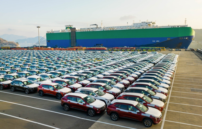 GM Korea's Chevrolet Trax crossovers are parked at a Korean seaport ahead of export to US