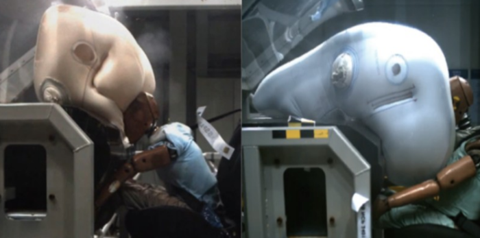 Comparison between the existing airbag for front passengers (left) and a self-supporting passenger airbag for PBVs (Courtesy of Hyundai Mobis)