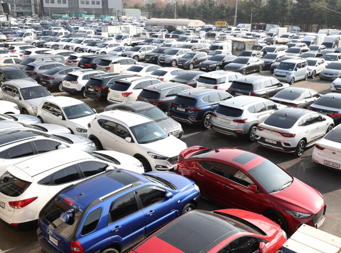 Used cars parked at a dealership in Janganpyeong, Korea's largest secondhand car market