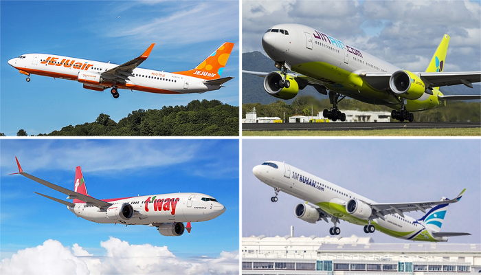 Jeju Air, Jin Air, Air Busan and T'way (clockwise) are South Korea's leading budget carriers