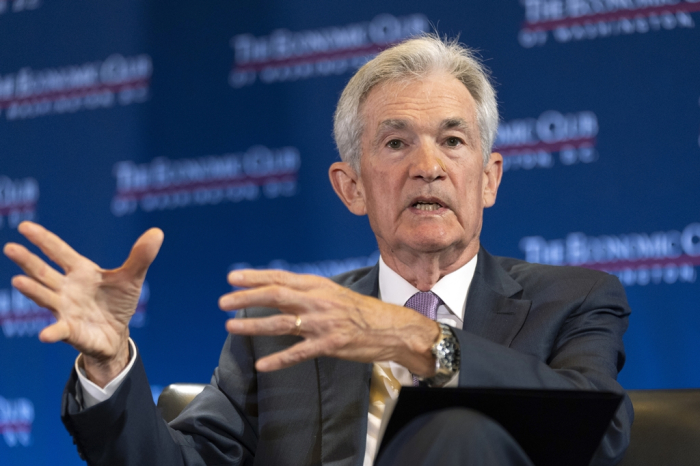 Federal　Reserve　Chair　Jerome　Powell　participates　in　a　conversation　with　the　Economic　Club　of　Washington,　D.C.,　Monday,　July　15,　2024,　in　Washington　(File　photo　by　AP　via　Yonhap)