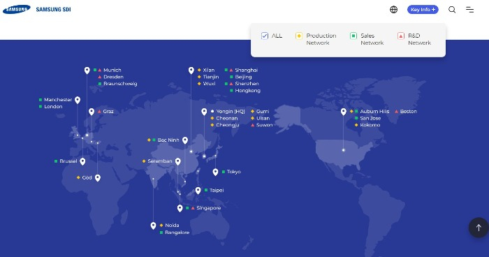 Samsung　SDI　global　network　(Screenshot　captured　from　Samsung　SDI　website)
