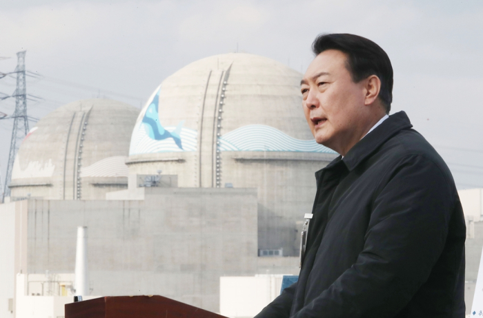President Yoon Suk Yeol gives a speech at the construction site of nuclear power plants on which work was shelved for several years