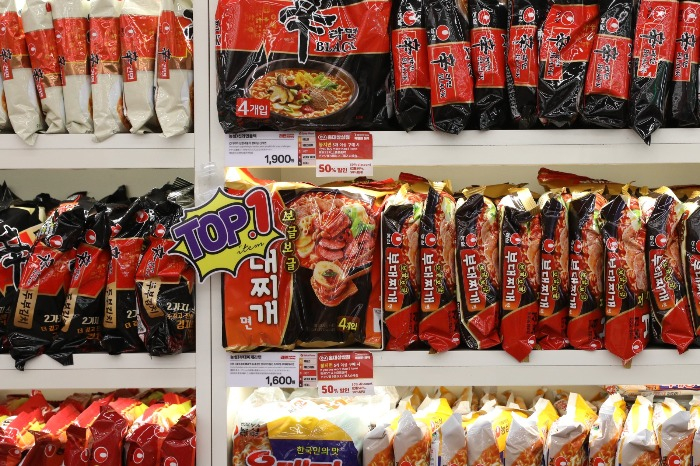 Packs of Nongshim ramen on display shelves