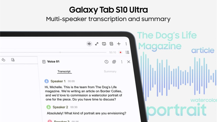 The Galaxy Tab S10 Ultra's multi-speaker transcription and summary functions
